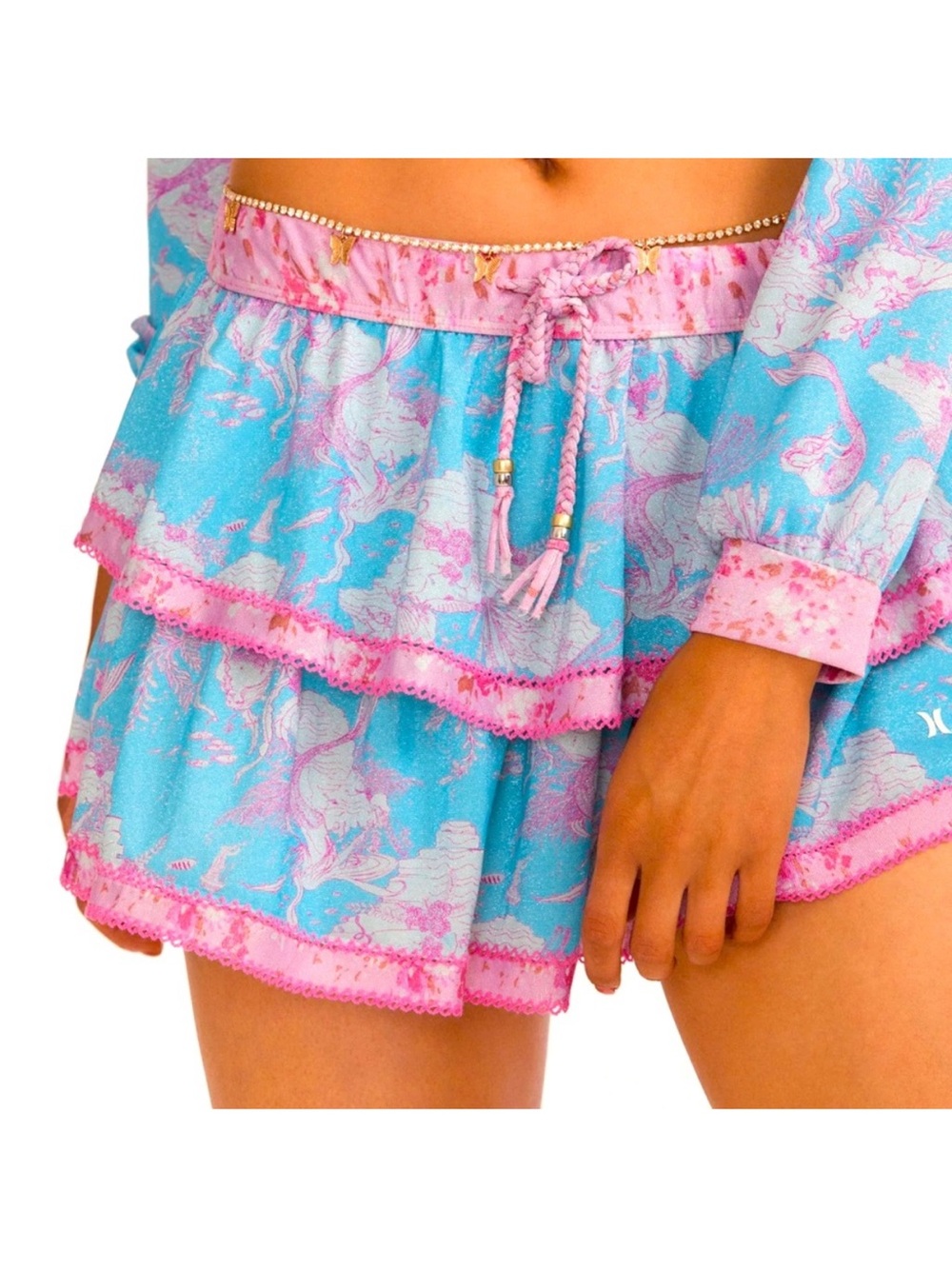 LoveShackFancy Blue and Pink Tiered Mini Skirt